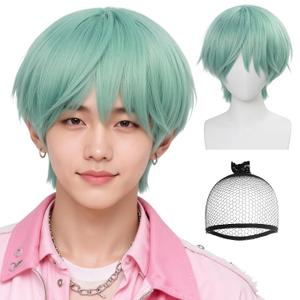 Light Green Wig Men Short Green Wigs Fluffy Cyan Green Cosplay Wig Animated Characters for Cosplay Costume Outfit Halloween Dance Stage Party Daily Use + Hair Cap
