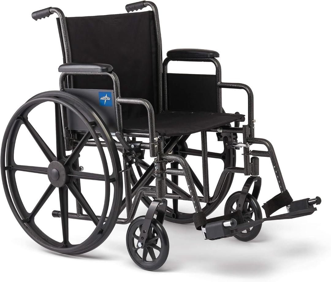 Medline Comfortable Folding Wheelchair with Swing-Back Desk-Length Arms and Swing-Away Footrests, 18W x 16XD Seat
