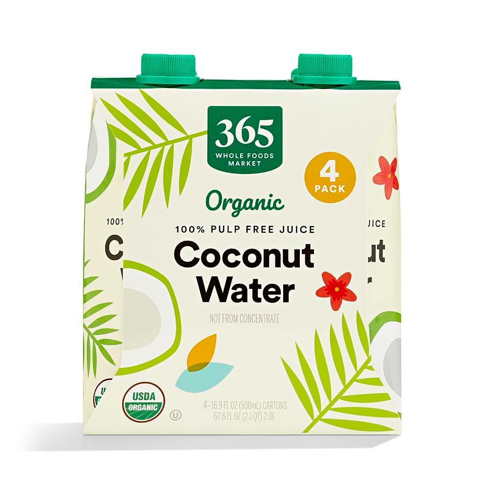 365 by Whole Foods Market, Organic Coconut Water, 100% Pulp-Free Juice, 16.9 Fl Oz per Carton, Pack of 4 (EXP 06/18/27)