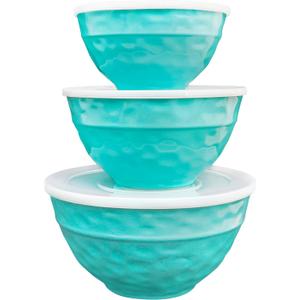 TP Mixing Bowl Set with Lids, Melamine Nesting Bowls Set for Pasta Baking Salad Mixing, Set of 3, Glossy Turquoise (Teal)