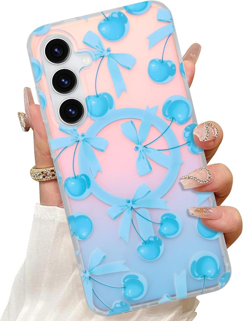 Magnetic Case for Samsung Galaxy S24 FE 6.7 Inch, Cherry and Bows | Wireless Charging Compatible, Hard PC and Soft TPU, Iridescent Design, Anti-Scratch, Shockproof Protection, for Women