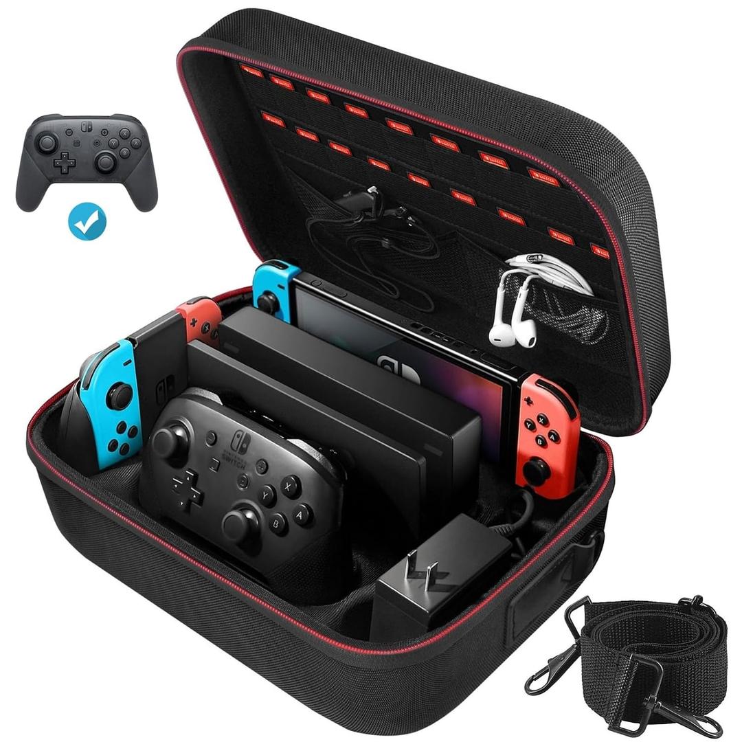 COOWPS Switch Case for Nintendo Switch and Switch OLED Model, Portable Full Protection Carrying Travel Bag with 18 Game Cards Storage for Switch Console Pro Controller Accessories Black, 11.4 X 4.6 X 8.2 Inches