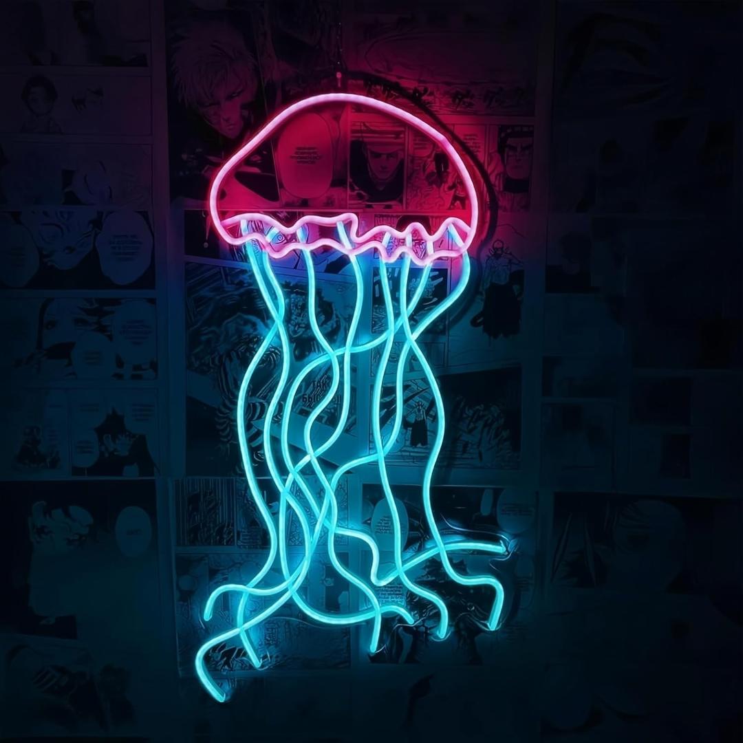 LED Decorative Lights USB Mountains Sunrise Sunset Led Neon Signs Home Decoration Wall Art Holiday Gift Brightness Adjustable 15.7''x15'' (Jellyfish Pink)