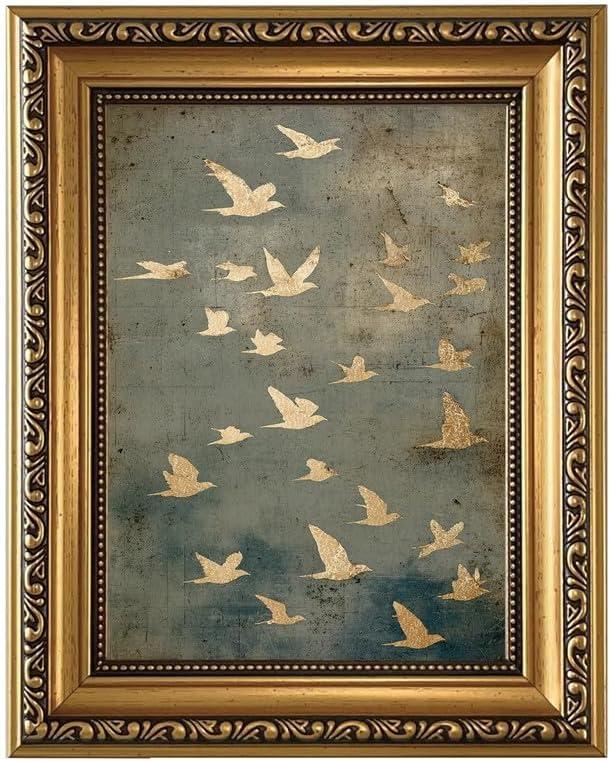 Vintage Gold Framed Wall Art Flock of Birds Canvas Wall Art Neutral Landscape Print Modern Aesthetic Picture Abstract Artwork Minimalist Home Wall Decor for Bedroom Living Room 16x24 Inch