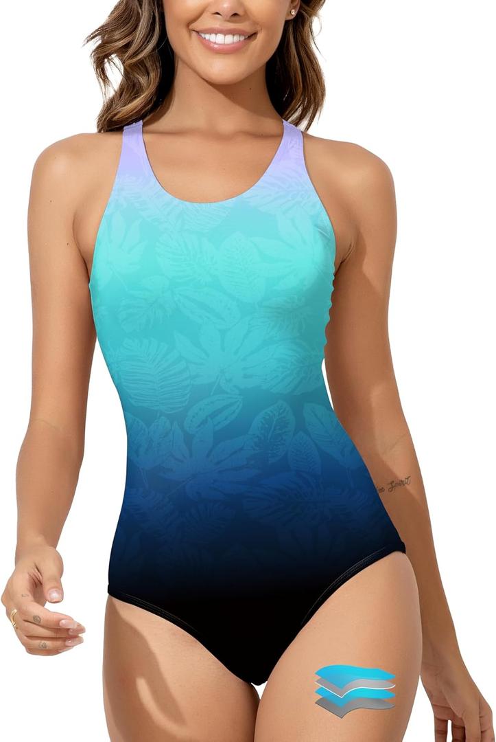 Beautikini Period Swimwear Women One Piece Leakproof Menstrual Bathing Suit Racerback Swimsuit for Teens Girl Blue Leaf L