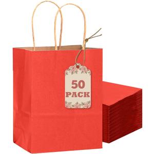 qiqee 50-Packs Gift Bag with Handles Bulk Kraft Red Paper Bags Multiple Uses (8.3"x3"x6"inch Small Size)