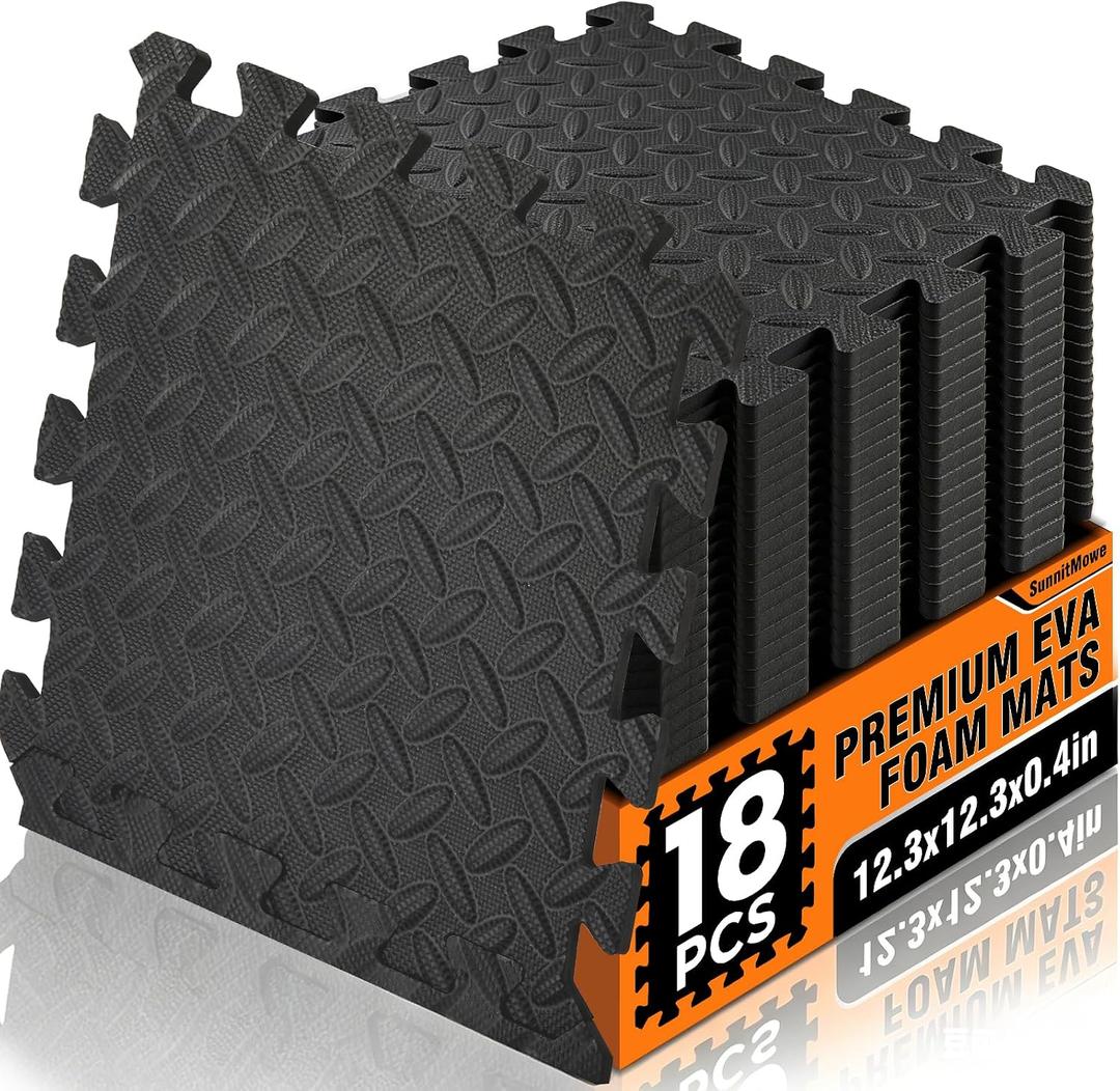 18 Tiles EVA Interlocking Foam Gym Floor Mats Set, 12"x12"x0.4" Protective Puzzle Flooring for Home Gym Workout Exercise Garage Playroom (18Pcs)