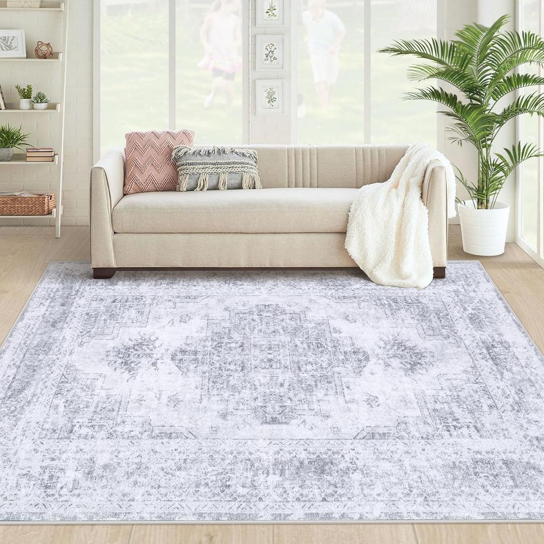 Area Rug 4x6 Vintage Rug, Machine Washable Vintage Distressed Medallion Rug Non-Slip Soft Low Pile Large Indoor Rugs for Bedroom Kitchen Dining Room Office(LightGrey,4'x6')