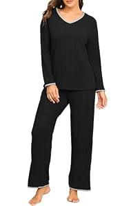 PrinStory Womens Pajamas Set Fall and Winter Ladies Pjs Long Sleeve 2 Piece Pajama Lounge Sets Black-S