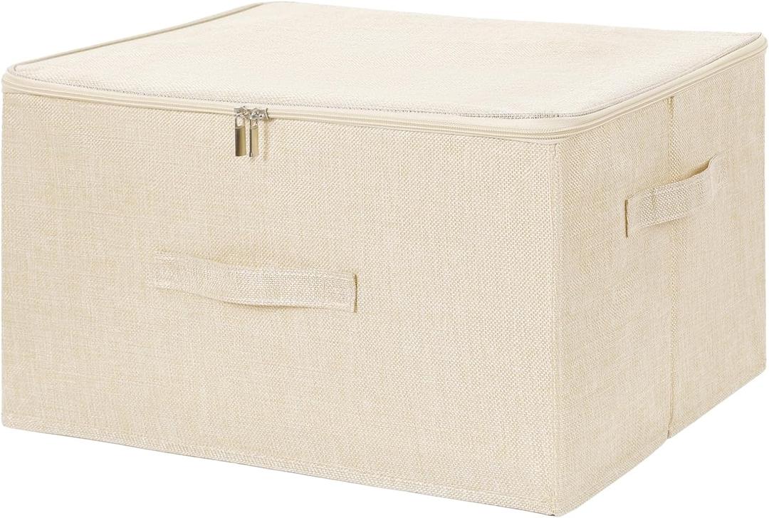 ANMINY Storage Bins with Zipper Lids 36 Qt Lidded Fabric Storage Boxes Baskets Cubes with Handles Collapsible Washable Cotton Linen Closet Shelf Clothes Organizer Containers - Beige, Large (Large (Pack of 1))