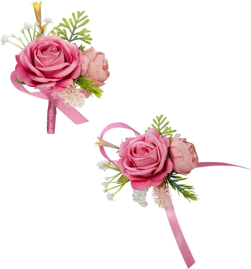 Pink Corsage and Boutonniere Set, Corsage Wristlet Band for Proms, Boutonniere for Men with Artificial Silk Flowers for Brides, Groom, Groomsmen, Bridesmaids – Perfect for Rustic Vintage Weddings, Proms, and Formal Events, Prom accessories, Set of 2