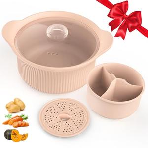42oz Microwave Silicone Steamer 3 Compartmented for Vegetables/Fish/Baby Food, 4 in 1 Microwave Pot with Handle, Lid, Basket, Recipe ,Oven & Dishwasher Safe, Easy Clean, Korea Design 100% Food Grade (Pink)