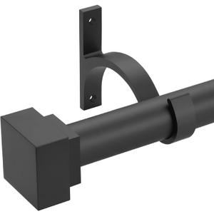 Single Curtain Rods for Windows 28 to 48 Inch(2.3-4ft),1 Inch Diameter Adjustable Heavy Duty Drapery Rods,with Modern Square Aluminum Alloy Finials,Matte Black
