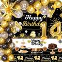 14th Birthday Decorations for Boys, 14 Birthday Decorations Include Black and Gold Backdrop Banner, Tablecloth, Gold 14 Number Balloons, Explosion Star Balloons