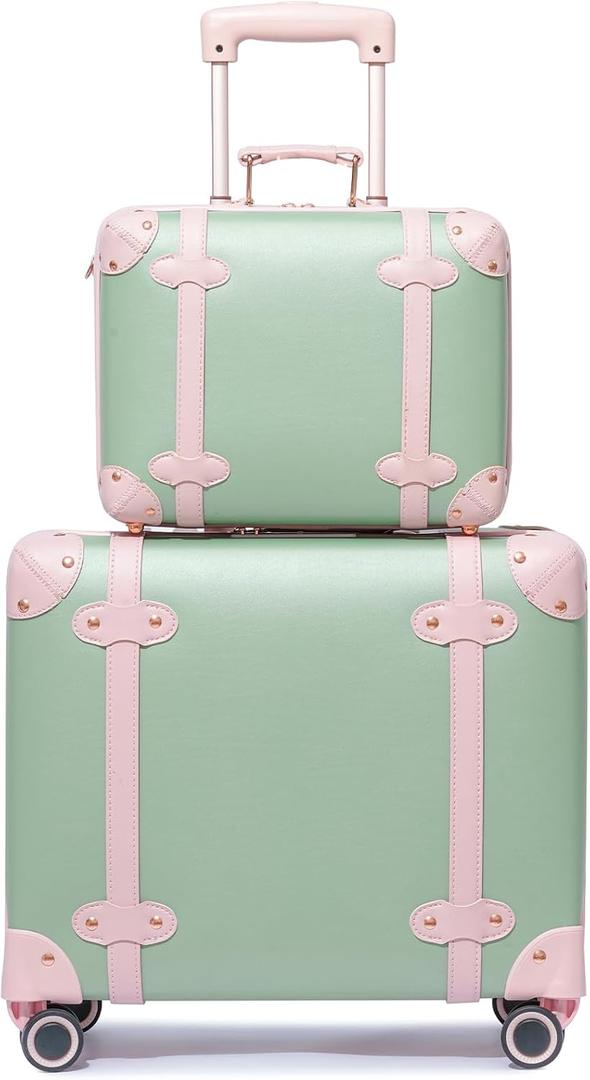 Vintage Luggage Set with Wheels, Retro Suitcase, Travel Trunk Set, Stylish Vintage Luggage Set for Women and Men (14inch&18inch, Green)