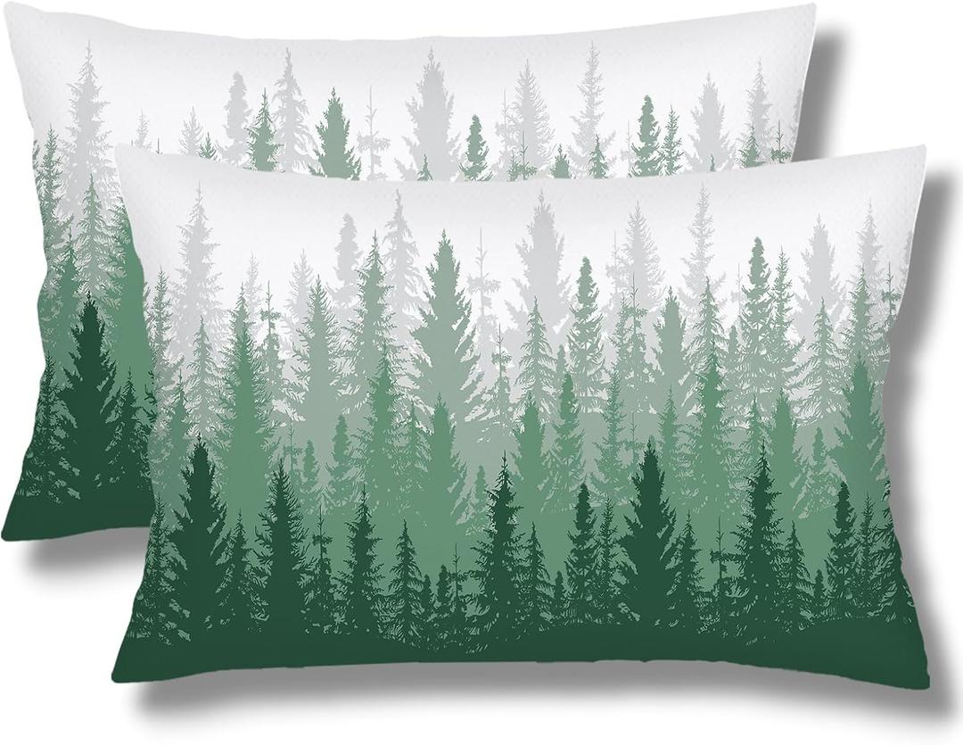 Foggy Forest Throw Pillow Cover Queen Size Set of 2,White Green Lumbar Pillow Case Decorative Standard Pillows Cases with Zipper,Farmhouse Pillows Case Farmhouse Cushion Covers for Bed,Sofa,20"x30"