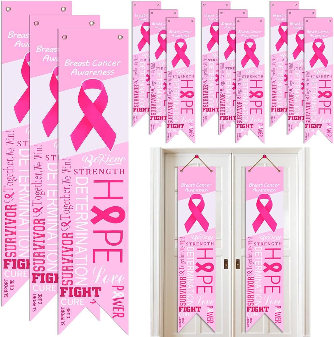 12 Pieces Breast Cancer Awareness Banner Pink Ribbon Hanging Banner Decorations Hope Faith Strength Courage Porch Sign Background for Party Breast Cancer Awareness Event