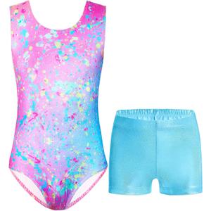 Nymphperi Girls Gymnastics Leotards 2 Piece Shiny Sleeveless Bodysuits with Sparkly Breathable Shorts Suit