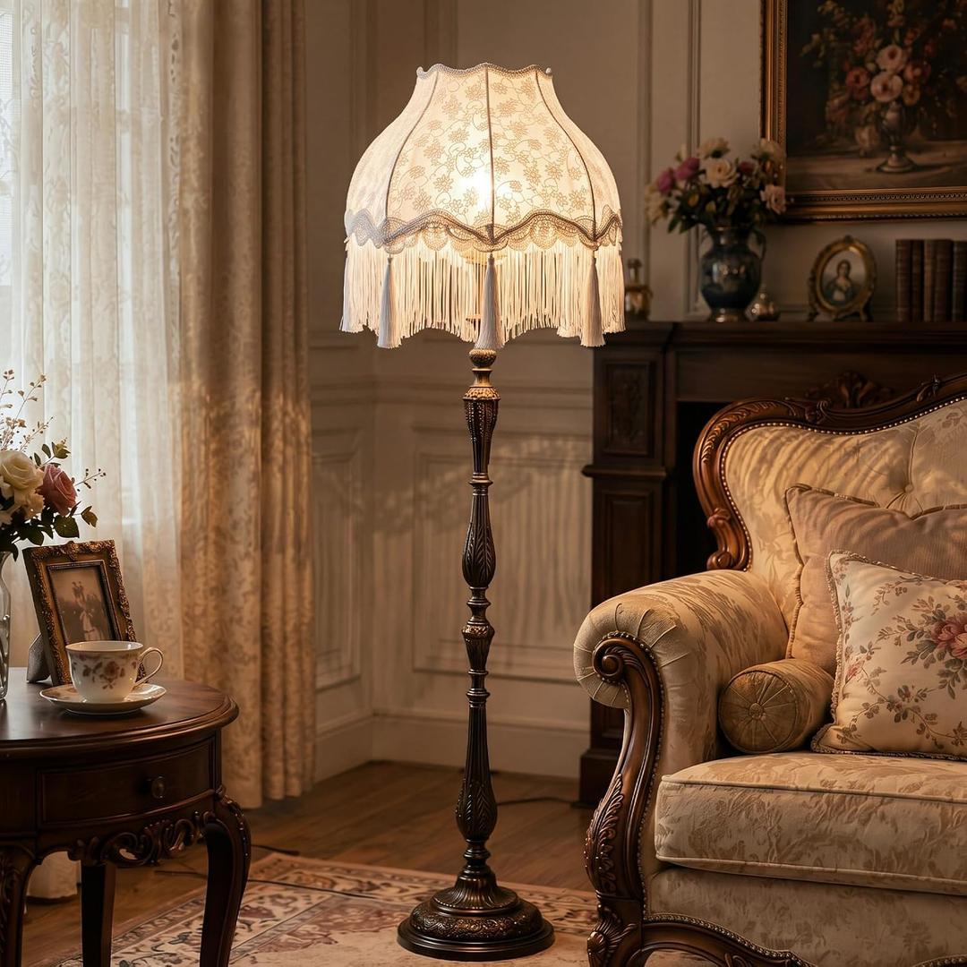 VIHOSE Victorian Floral Scallop Lamp Shade Large 7.5" Top x 15.8" Bottom x 15 "High Cream White Replacement Lamp Shade with Tassels and Fringe Finial Fit Bell Shape Scallop Fringe Embroidery