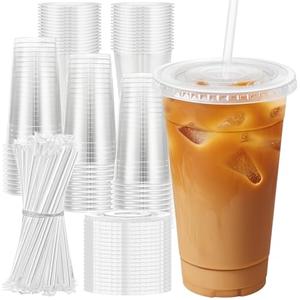 Lamosi 50 Pack 24 oz Clear Plastic Cups with Lids and Straws, Disposable Iced Coffee Cups with Lids for To-Go Cold Drinks, Smoothies and Slushie