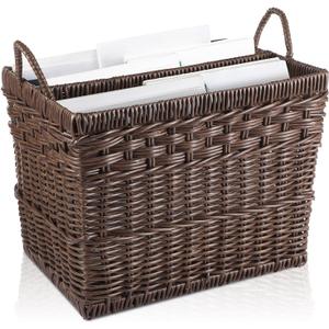 Hand Woven Magazine Holder Rectangular Wicker Divided Magazine Basket with Handle Newspaper Book Storage Basket Organizer for Office Living Room Home Office, 15.5 x 12 x 12.5 Inch