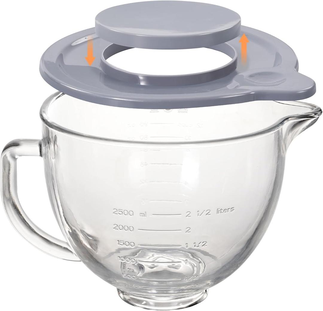 5QT Glass Bowl Compatible with KitchenAid 4.5 and 5-Quart Tilt Stand Mixers, Glass Mixing Bowl with Lid, Measurement Markers and Handle, Dishwasher Safe