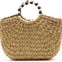 Fashion Women Summer Retro Straw Tote Bag Hand-woven Boho Beach Big Handbag with Beaded Handle (Khaki)