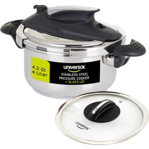 Universal (4.2 Quart / 4 Liter) Small Stainless Steel Easy Use Pressure Cooker + Extra Glass Lid, 5 Servings, Induction Compatible, Pressure Cooker & Multipurpose Pot (4.2 Qt / 4 L)