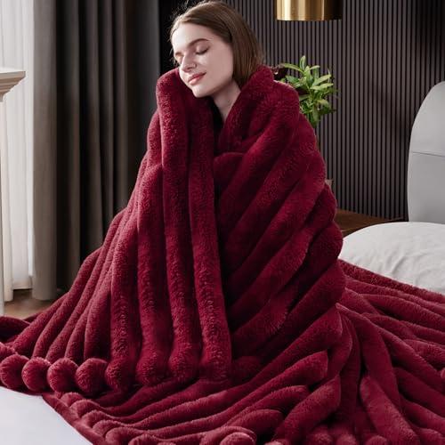 HaloRest Fluffy Faux Fur Throw Blanket, Thick 1000GSM Soft Cozy Throw Blankets for Bed, Luxury Plush Striped Warm Fuzzy Blanket for Couch LivingRoom Home Decor & Gifts(50" x 70",Red)