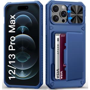 for iPhone 12 Pro Max & 13 Pro Max Case with Card Holder (4-5 Cards), Slide Camera Cover, Military Grade Drop, Rugged Heavy Duty Men Women Shockproof Phone Case for iPhone 12 Pro Max, Blue