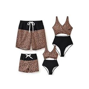 PATPAT Family Matching Swimsuits Cutout One Piece Spliced Monokinis Striped Lines Print Quick Dry Beach Wear Cute Bathing Suits- Black Leopard Girl 2 Years