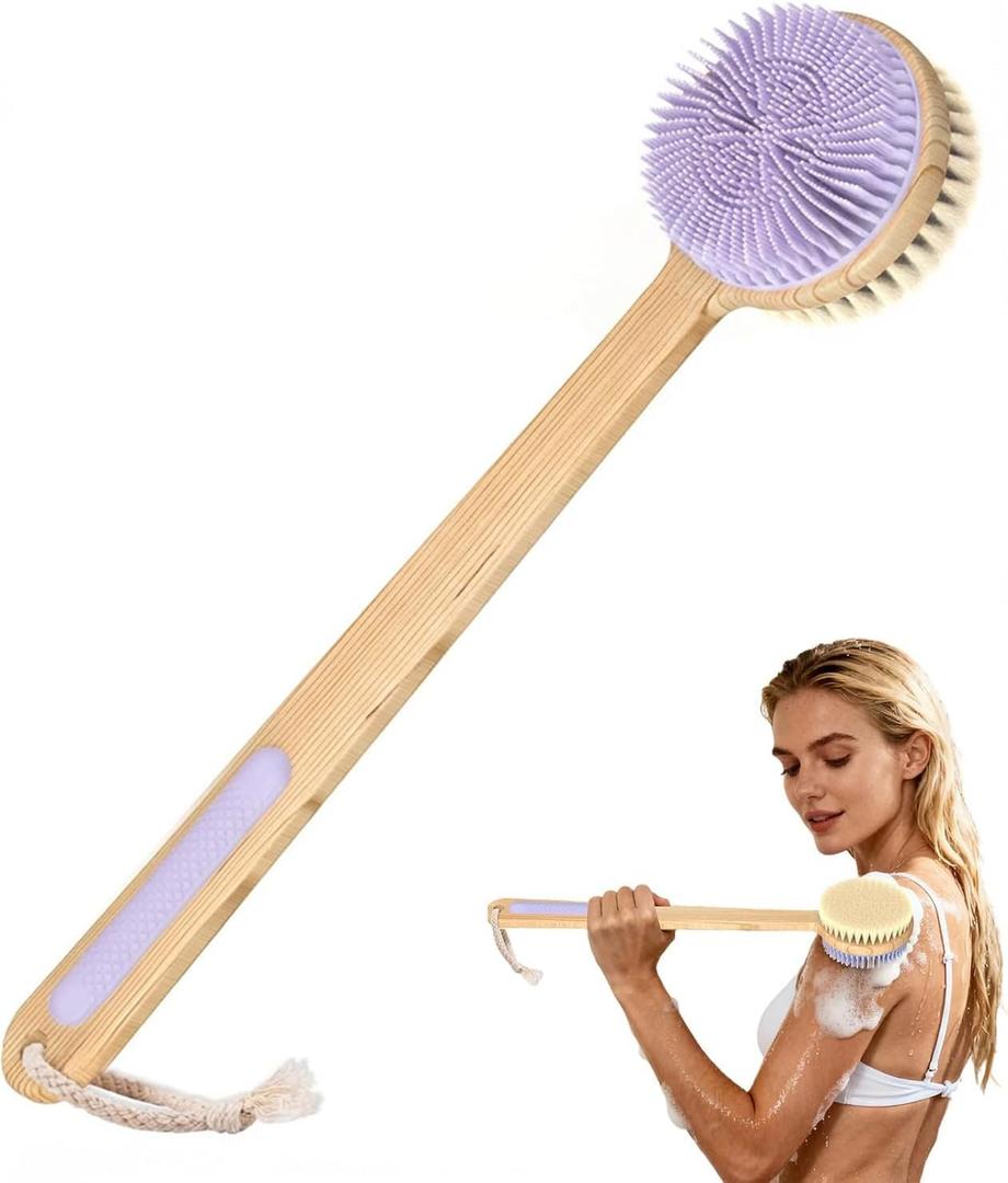 Back Scrubber for Shower - Double-Sided Silicone and Super-Dense Bristles for Deep Cleaning & Exfoliation, Bamboo Long Handle with Wider Anti-Slip Grip, Body Exfoliator for Wet or Dry Brushing