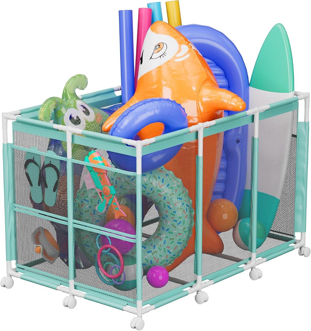 POOLHOUR Pool Float Storage Outdoor Pool Toy Storage Organizer for Pool Noodles, Toys, Floats, Balls, and Equipment, Mesh Rolling Storage Organizer Bin, Cyan