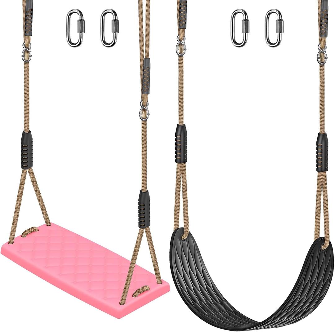 SELEWARE Heavy Duty Swing Seat Replacement for Kids, 2-Pack Outdoor Swing Set Accessories with Adjustable Ropes & Snap Hooks, Plastic Playground Swing for Backyard, Tree, Indoor Play (Black & Pink)