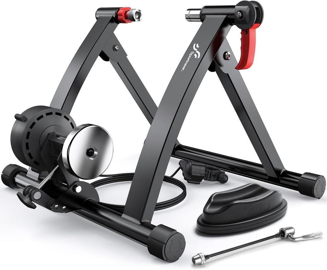 Sportneer Bike Trainer - Magnetic Stationary Bike Stand for 26-28" & 700C Wheels - Adjustable 6 Level Resistance Bike Trainer Stand for Indoor Riding with Quick Release Lever & Front Wheel Riser Block (Black)