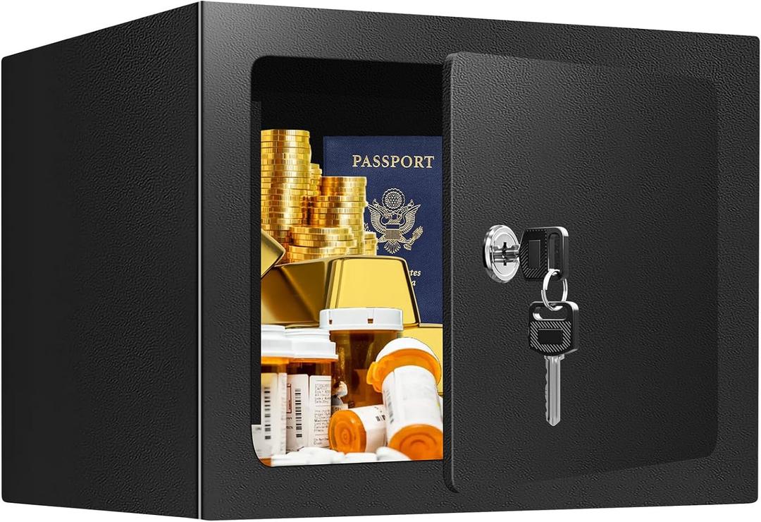 0.25 Cuft Small Fireproof Safe Box with Key Lock, Hidden Steel Security Box, Safe Lock Box for Cash, Jewelry, Passports and Medications, Fire proof Safes for Home Use, 9.06" W x 6.69" D x 6.69" H