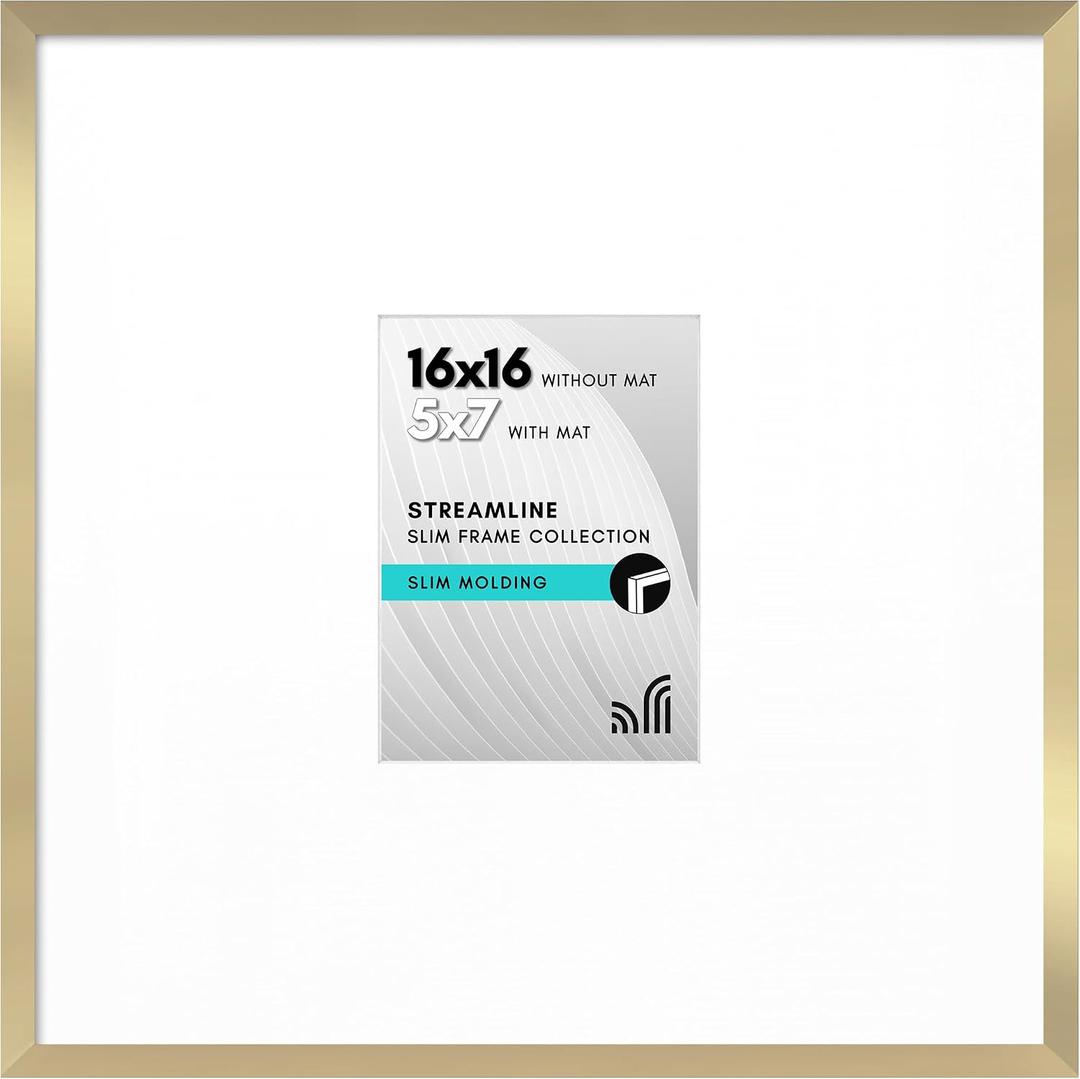 Americanflat 16x16 Picture Frame with Polished Plexiglass - Use as 5x7 Frame with Mat or Display 16x16 Photo Without Mat - Streamline Collection - Thin Border Square Frames for Wall Display - Gold