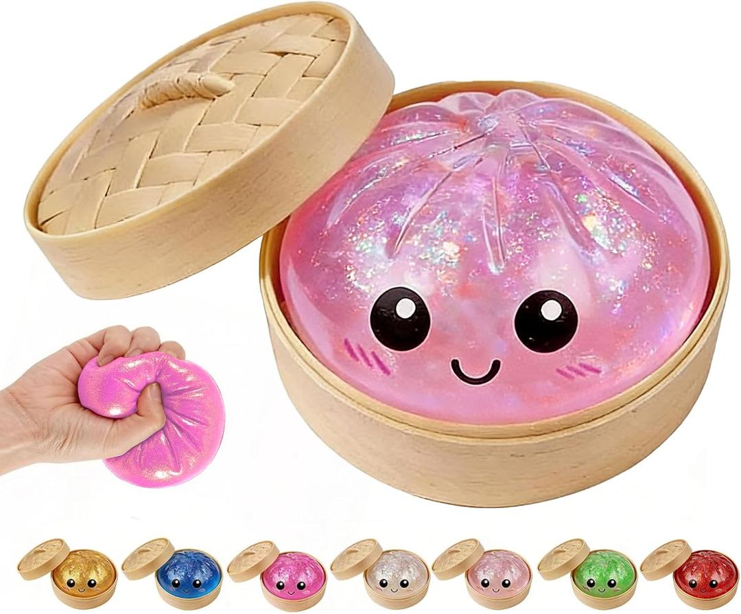 Dumpling Squishies, Glitter Dumpling Mystery Box, Colorful Dumplings Stress Balls Fidget Sensory Toy, Stocking Stuffers with Food Steamer Stretchy Desk Toys (Glitter Pink)