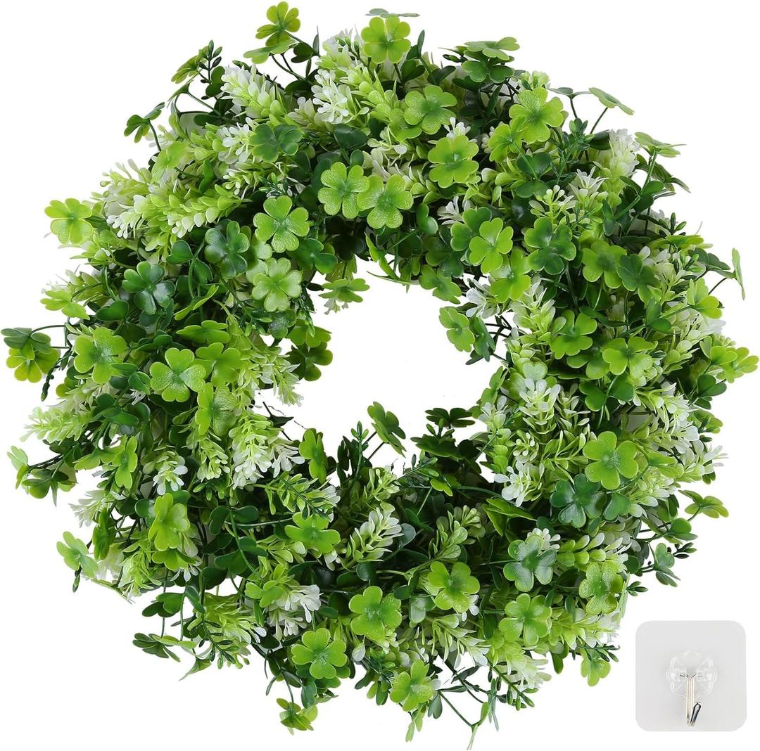 17.8" St Patricks Day Shamrock Wreath for Front Door, Saint Patricks Day Artificial Wreath Decoration, Irish Clover Spring Summer Greenery Wreath for Wall Window Indoor Outdoor Porch Home Gift Decor