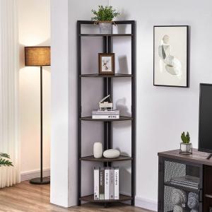 FATORRI Rustic Tall Corner Shelf, 5 Tier Industrial Corner Bookshelf for Living Room, Dark Wood and Metal Corner Plant Stand for Home Office (Walnut Brown), 14.17D x 14.17W x 65.94H in