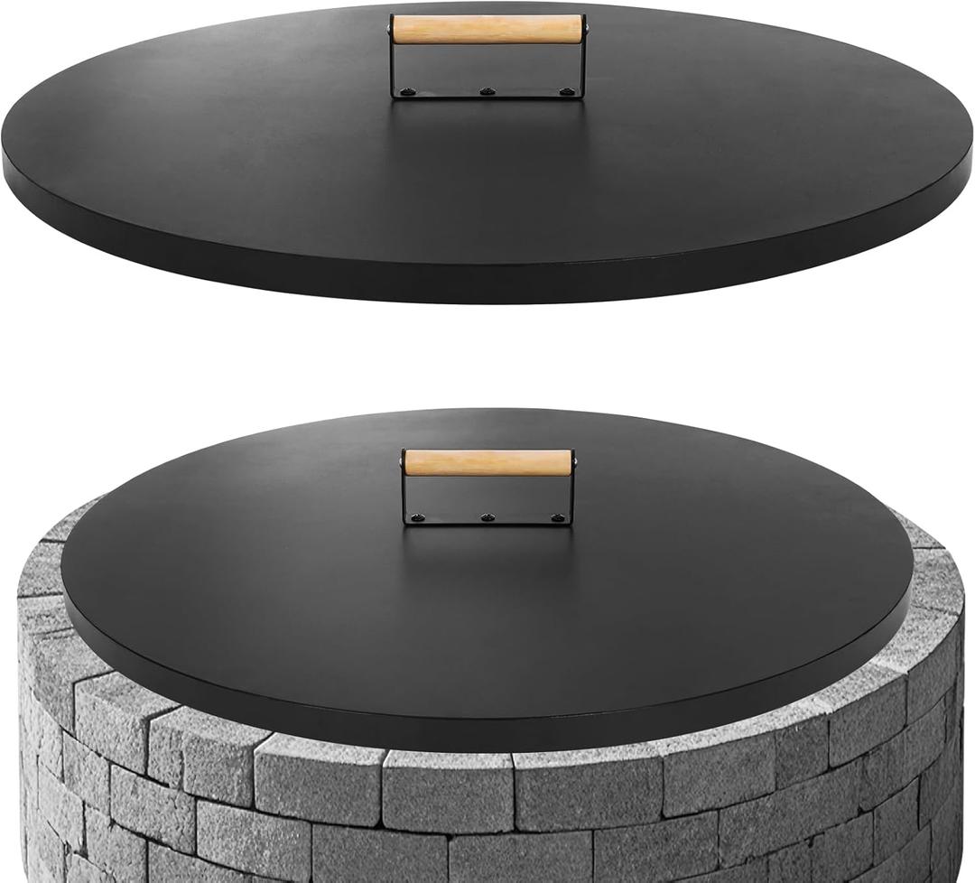 G GOOD GAIN Firepit Lid Round 28 Inch - Rust Resistant Fire Pit Lid Cover with Wooden Handle & Gloves, Fire Pit Snuffer Lid for Courtyards, Patio, Winter Cold Protection.