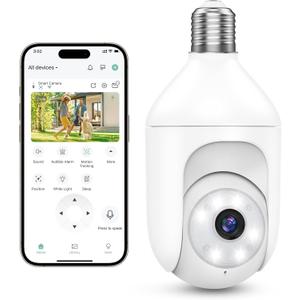 Light Bulb Security Cameras Wireless Outdoor Indoor, 2.4GHz WiFi Lightbulb Cameras for Home, 360PTZ, 2K Color Night Vision, Motion Detection, 2-Way Audio, Spotlight Audible Alarm (pack of 1)