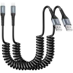 SUNGUY Coiled USB to Lightning Cable for Car, 2-Pack 3FT [MFi Certified] Retractable iPhone Charger Cable, Fast Charging CarPlay Cable for iPhone 14/13/12/11 Pro Max/XS MAX/XR/XS/iPad/iPod