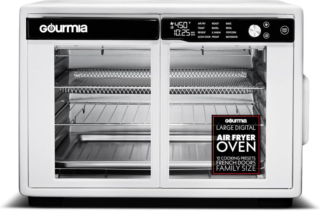 Gourmia French Door Air Fryer Oven - 37 Qt Large Capacity Convection Toaster Oven, FryForce 360, Digital Display, 12 Cooking Presets, Dehydrate, Fits 13 Pizza, Dishwasher-Safe, White