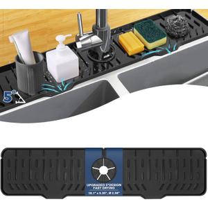 BFONS Kitchen Sink Faucet Splash Guard Plus Size Silicone Drying Mat Handle Drip Catcher Tray Dish Sponge Holder Accessories Protector Home Organization Gadgets Black: 23.4x5.7 in HJJDLSD-625