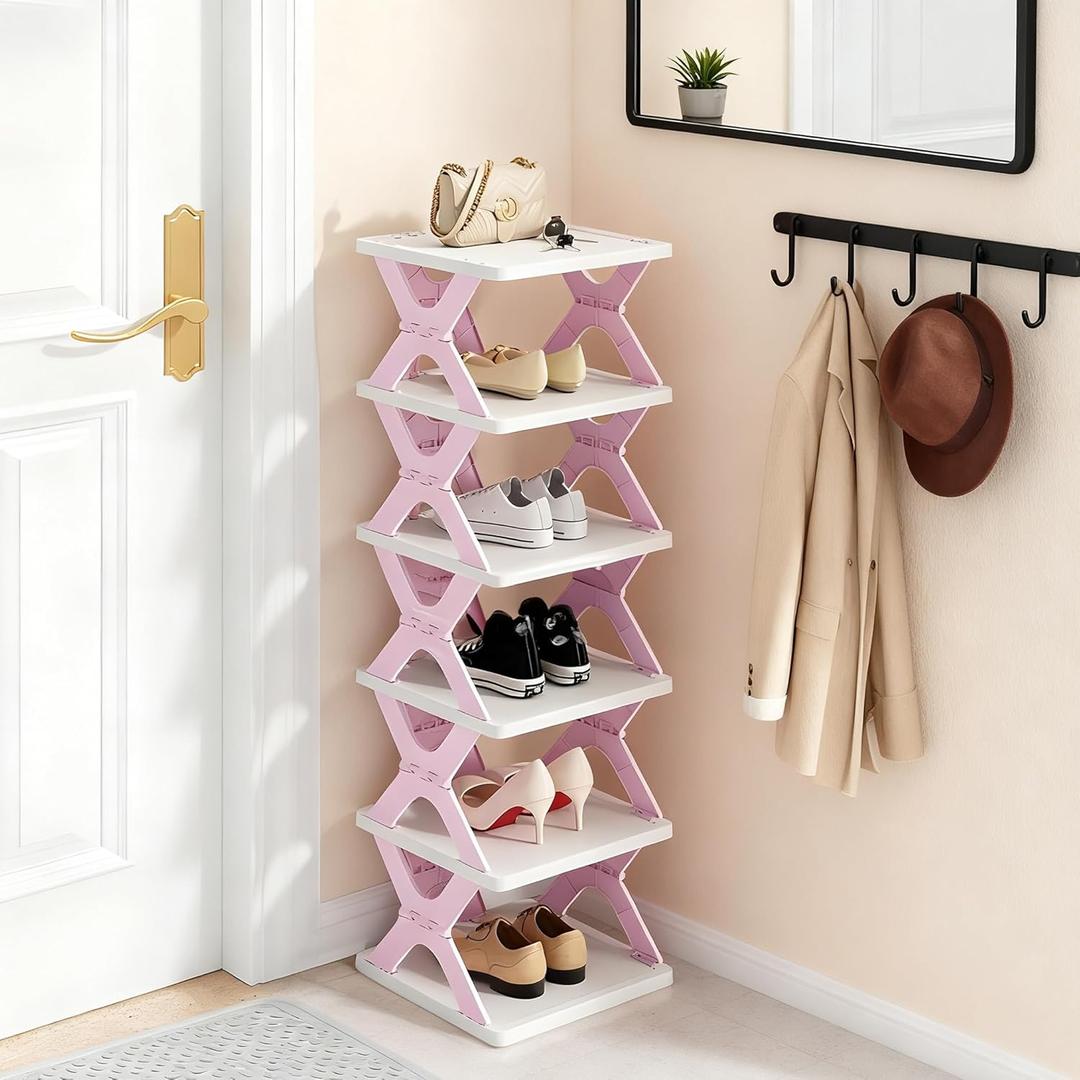 Shoe Rack, Collapsible Kids Shoe Rack, 6-Tier Small Foldable Shoe Organizer for Entryway, Dorm, Bedroom (Pink-x)(11"D x 11"W x 4"H)