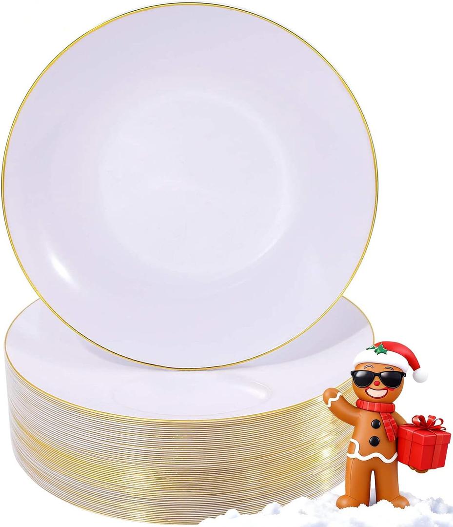 Nervure 100 Pieces Gold Plastic Plates - 10.25 inch Gold Dinner Plates - Heavyweight White and Gold Disposable Plates Ideal for Wedding & Party & Thanksgiving