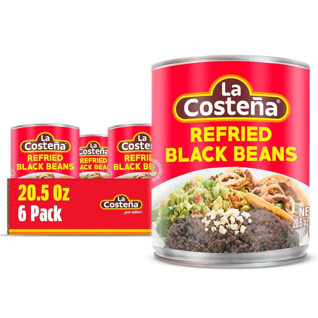La Costea Refried Black Beans - Ready-to-Eat Canned Refried Beans for Mexican Food, Mexican Rice, Nacho Bean Dip, Bean Burrito, Burger, Carne Asada, Fajita & Taco Seasoning - 20.5oz, 6 Pack Cans (EXP 03/20/26)