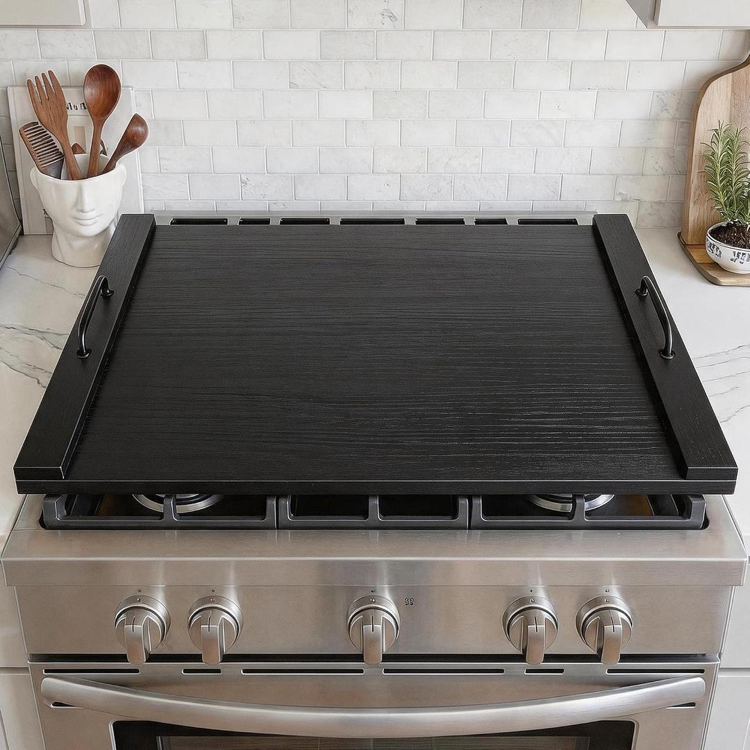 Noodle Board Stove Cover, Wooden Stovetop Cover with Non-Slip Feet, Handle & Raised Lip, Extra Counter Space for Kitchen (29.5 x 22 Black)