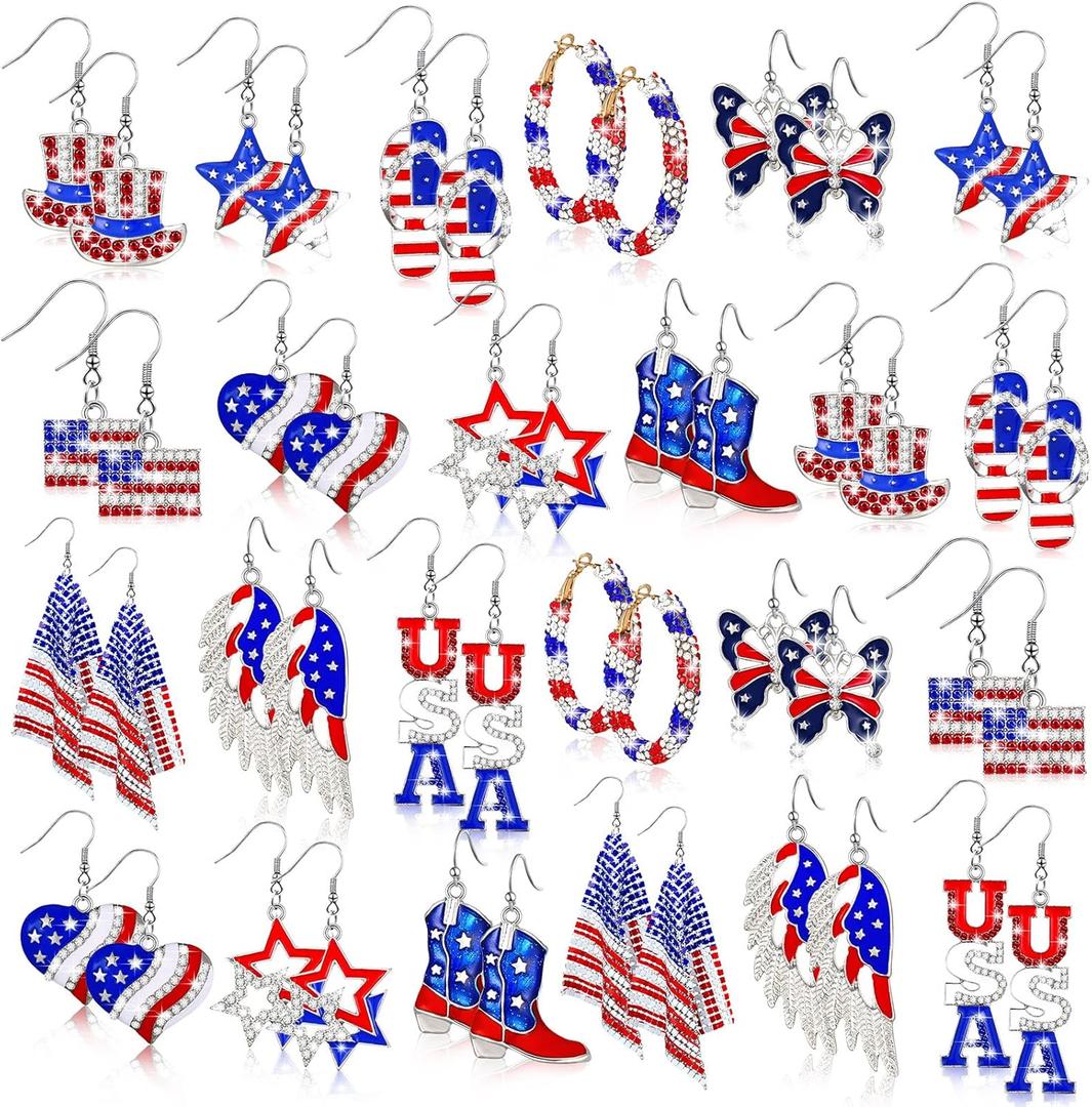 Bucherry 24 Pairs 4th of July American Flag Earrings - Dangle, Patriotic, Red, White & Blue - Independence Day, Bulk Gift for Women
